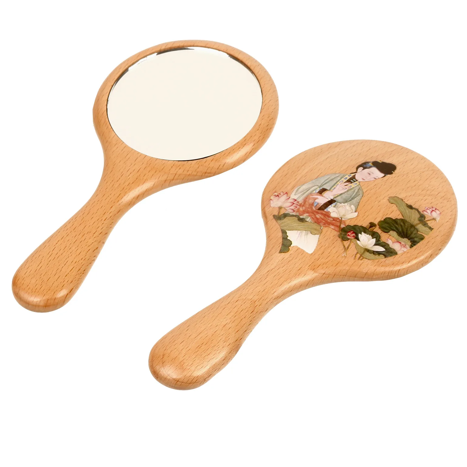 Beech Wood Handle Mirror, Ancient Beauty Picture Mirror, Portable Makeup Remover, Beauty and Makeup Mirror