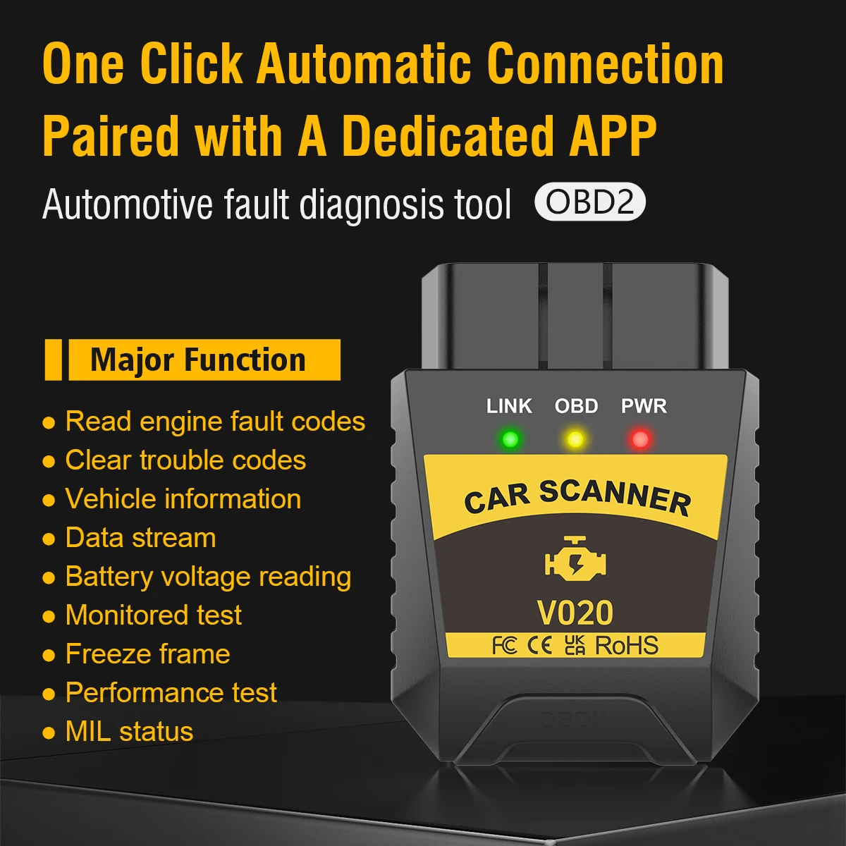 V020 Bluetooth OBD2 Scan Tool Car Scanner Automotive Fault Diagnostic Tool Real Engine Fault Code ONE Click Automatic Connection