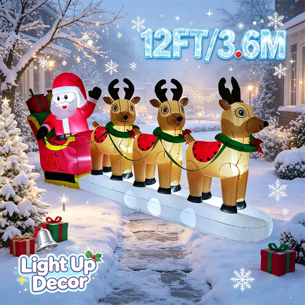 Christmas Inflatable Model Santa Claus Sleigh 12FT Long Blow Up Reindeer Team on Light-Up Runway Outdoor Xmas Yard Decorations