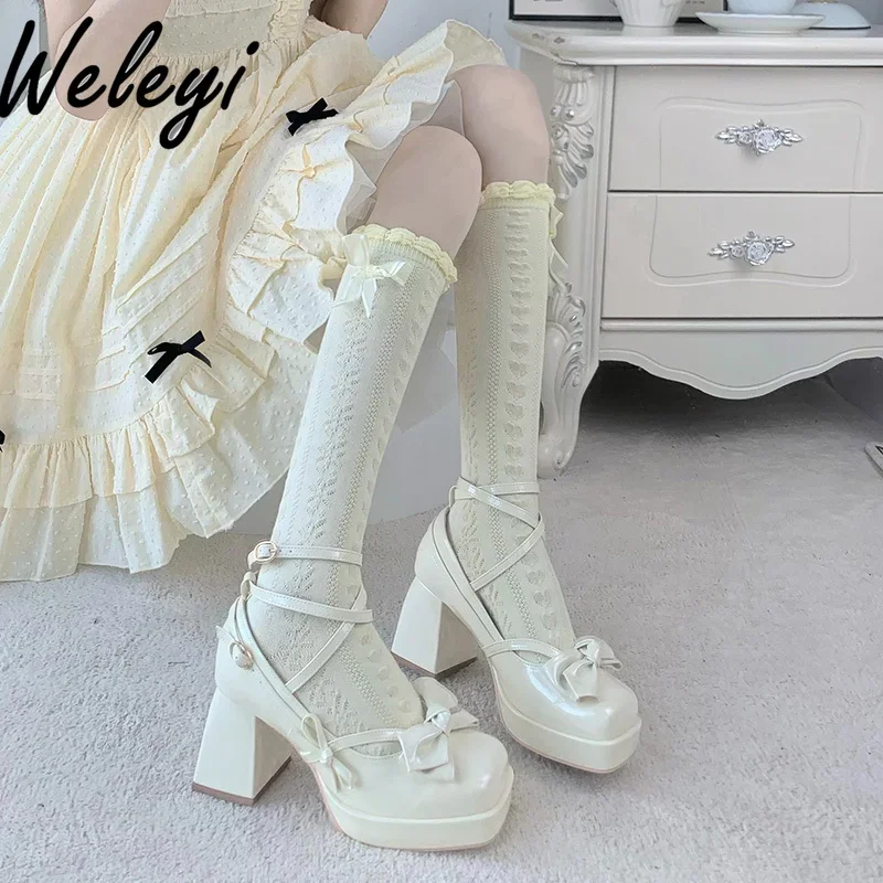 Japanese Lolita Bow Lace Pink Socks Jirai Kei Autumn and Winter New Jk Uniform Stockings Women Medium Tube Stacking Calf Sock