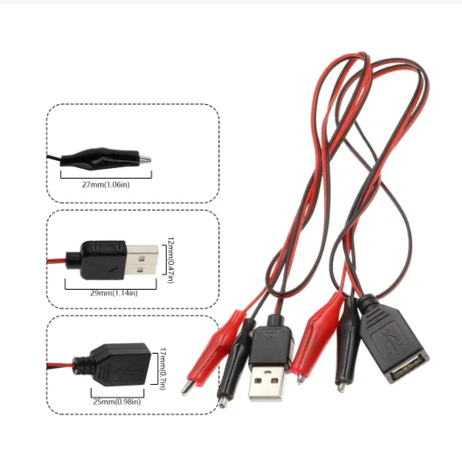 Crocodilo bateria Test Clip, macho e fêmea conectores, cabo adaptador de alimentação, comprimento do fio 50cm, vermelho e preto, USB