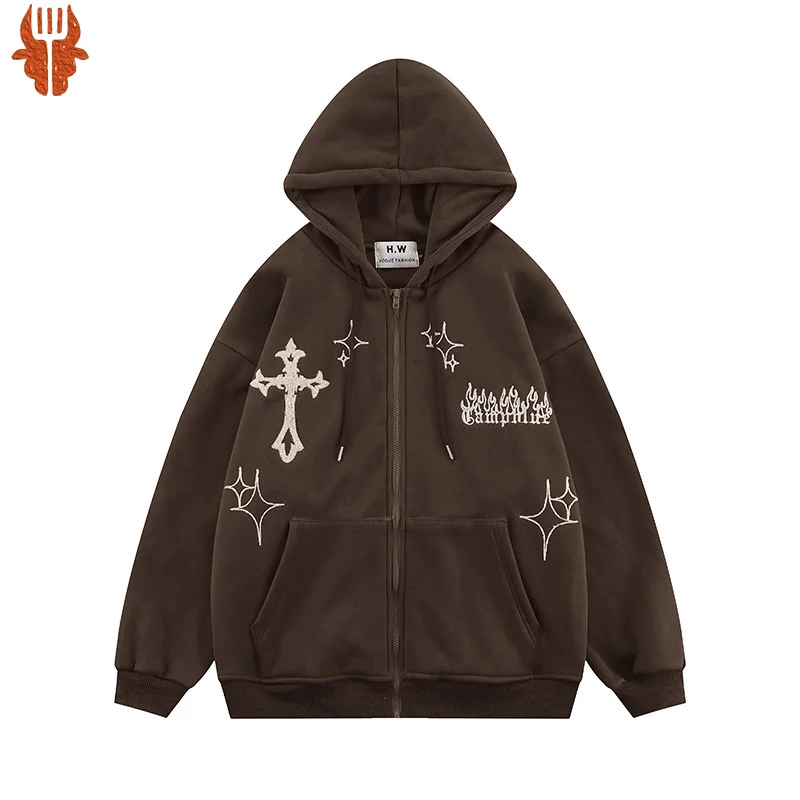 

2022 Tide Brand Hooded Cardigan Sweater Men and Women Cross -embroidered Couple Trend Street Loose Hat Shirt Jacket Men's Jacket