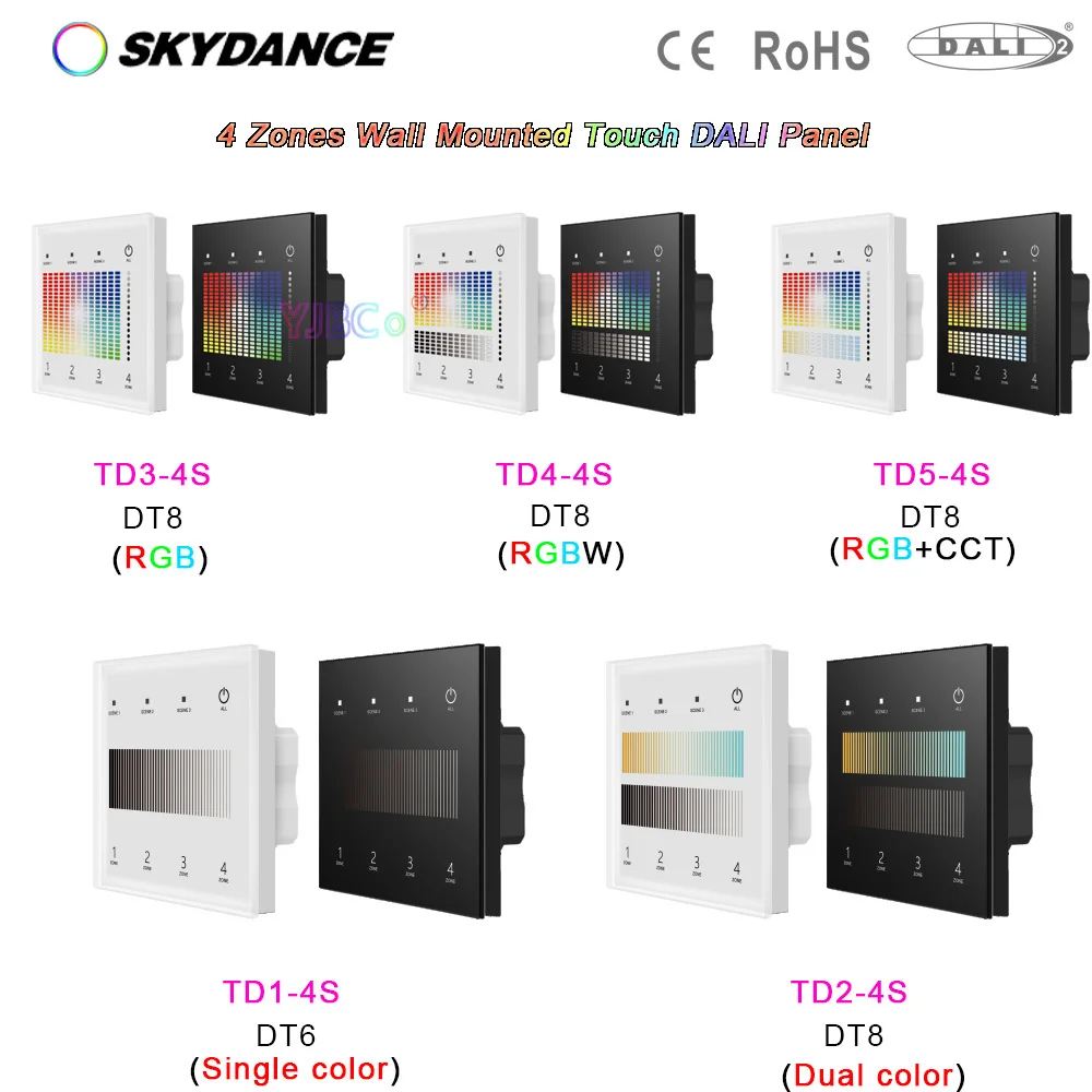 Сенсорная панель Skydance, тип 86, 4 зоны, DT6, затемнение, DT8, двухцветная/RGB/RGBW/RGB + CCT Светодиодная лента, диммер, переключатель, 24 В постоянного тока, DALI master bus