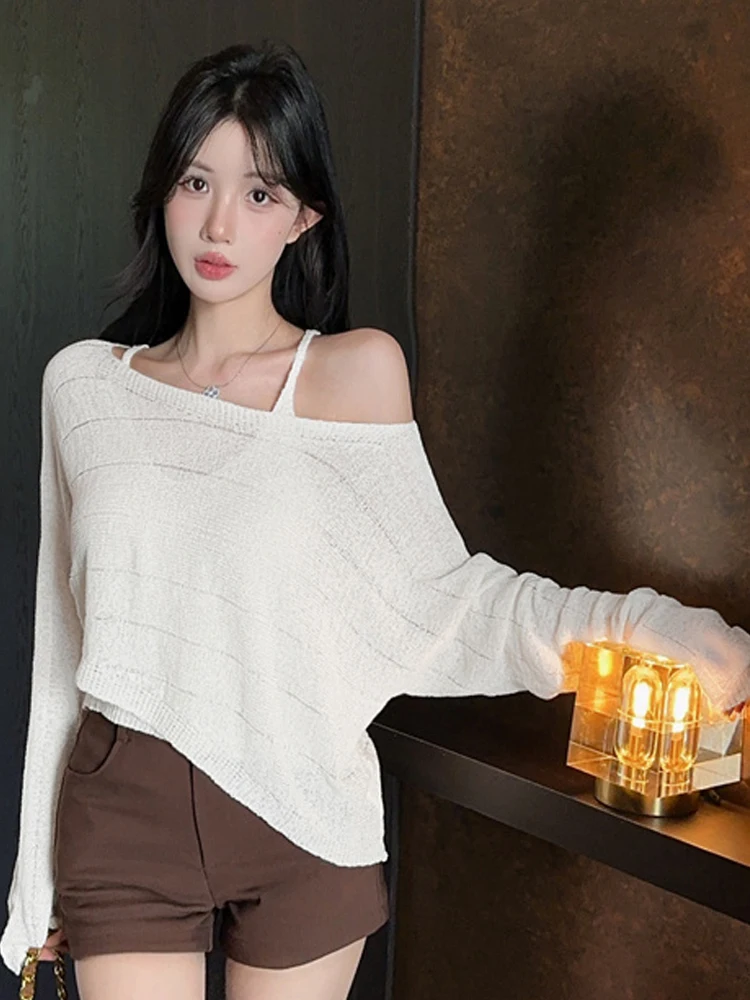 

Сексуальный, нежный и соблазнительный комплект из двух предметов: вязаный топ с длинными рукавами, открытыми плечами и асимметричным воротником, полупрозрачный, для женщин