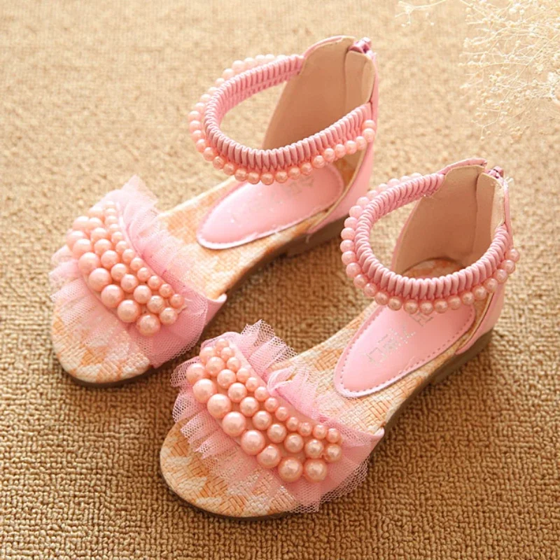 Summer Girls Sandals Fashion Pearls Girls Princess Shoes Baby Girl Shoes Flat Heel Sandals Kids Outdoor Beach Sandal Size 21-30