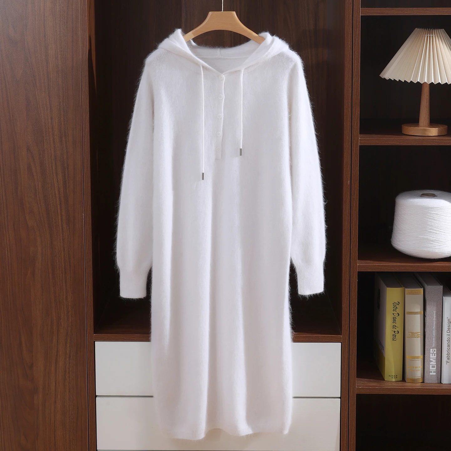 Hooded Woman Autumn Winter 100% Mink Cashmere Sweater Mock-Neck Pullover Drawstring Half Button Midi Length Oversized Dress Tops