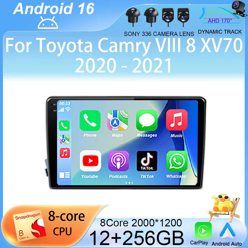 Android 16 Carplay Car Radio For Toyota Camry VIII 8 XV70 2020 2021 GPS Navigation Wifi+4G Video Player Head Unit 2din Stereo BT
