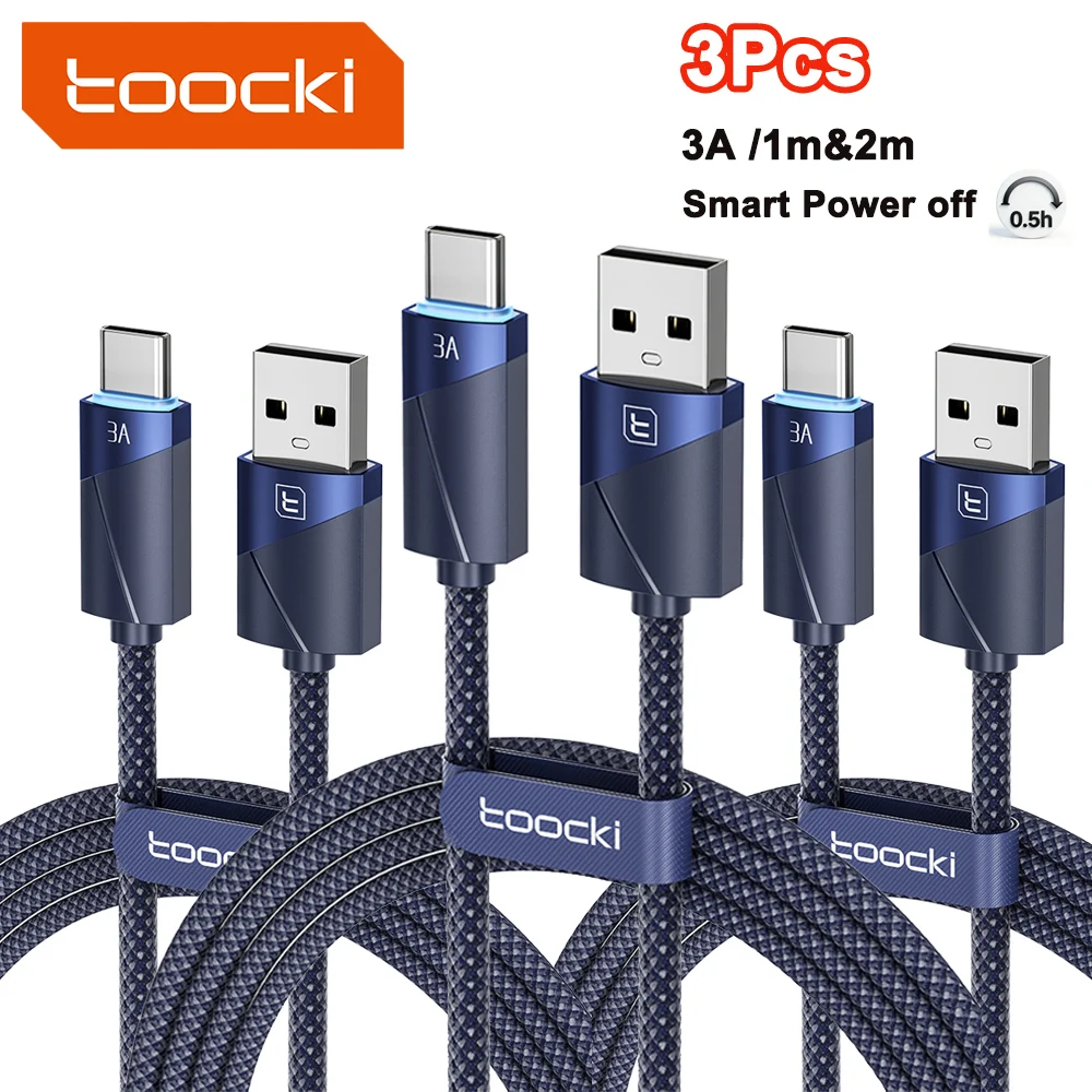Toocki 3Pack 3A USB Type C Cable Automatic Power-Off Fast Charging Type C Cable for iPhone 18 17 Smausng Xiaomi Huawei Realme