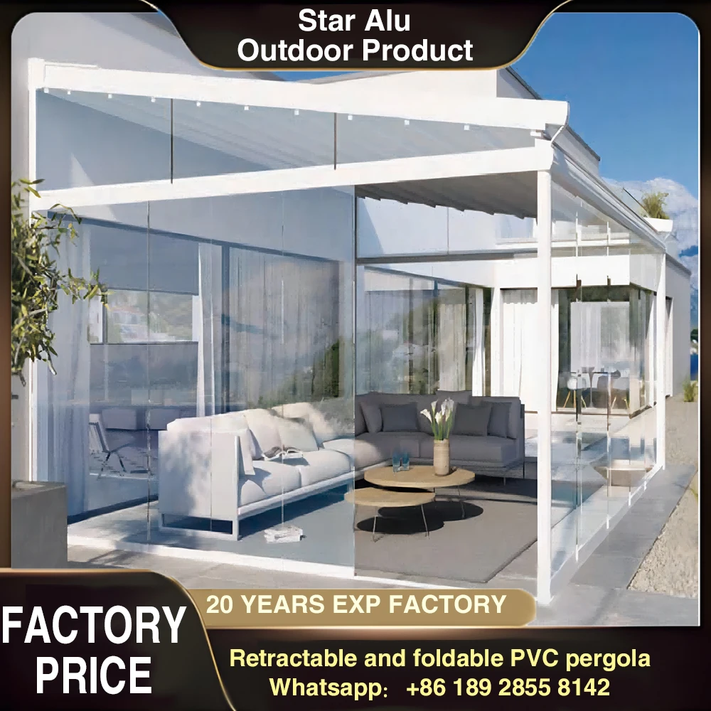 Modern Retractable Pergola Awning Waterproof PVC Canopy Powder-Coated Aluminum UV-Resistant Eco-Friendly Outdoor Sunshade