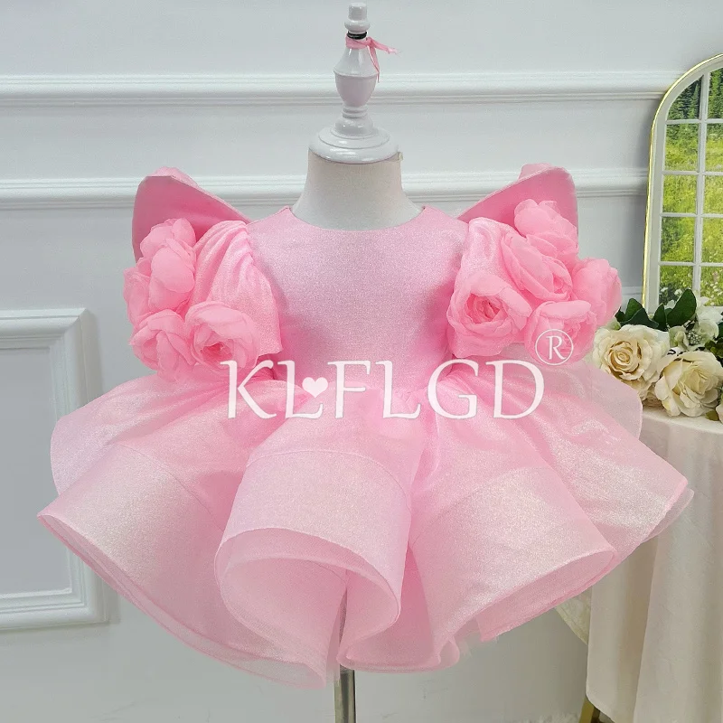 KLGFLD Girls Clothing Pink Puff Sleeves One Year Old Birthday Party Dress Toddler Pageant Dress Elegant Prom Dress