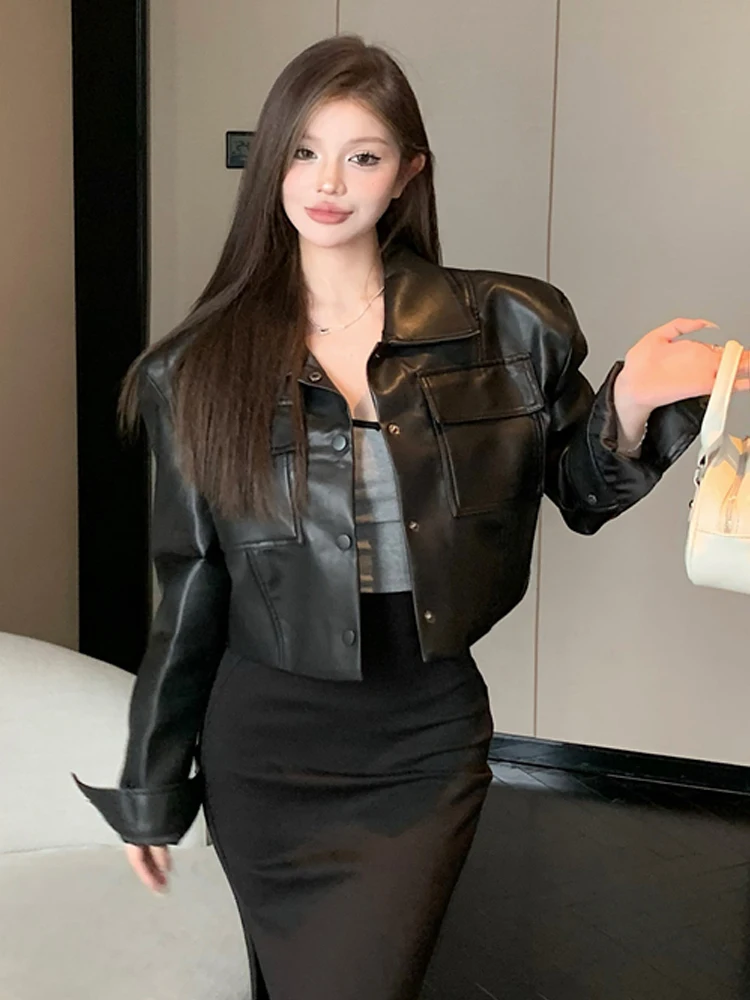 Sexy Short Loose Black PU Leather Jacket Straight Tube Outerwear for Women Trendy Street Style Motorcycle Jacket