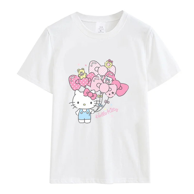 

Kawaii Sanrio Hello Kitty Cartoon Anime Funny Printed Women's Cotton T-shirt Summer Y2K Print Loose T-Shirts New Couple Clothing