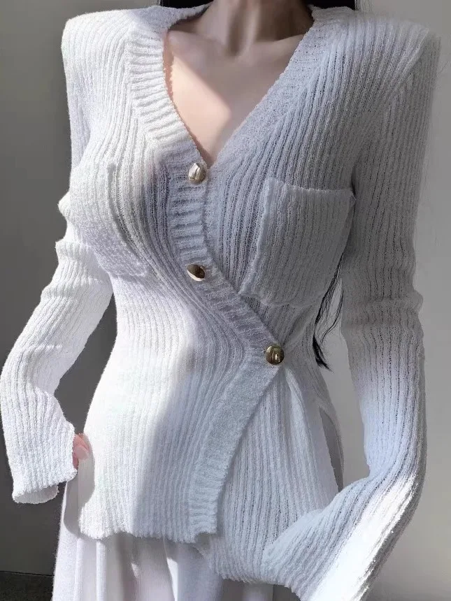 

Sexy Slim Fit V-Ne Knitted Open Cardigan Women's Faionable Single Button Sweater Outerwear Long Sve Autumn Wear
