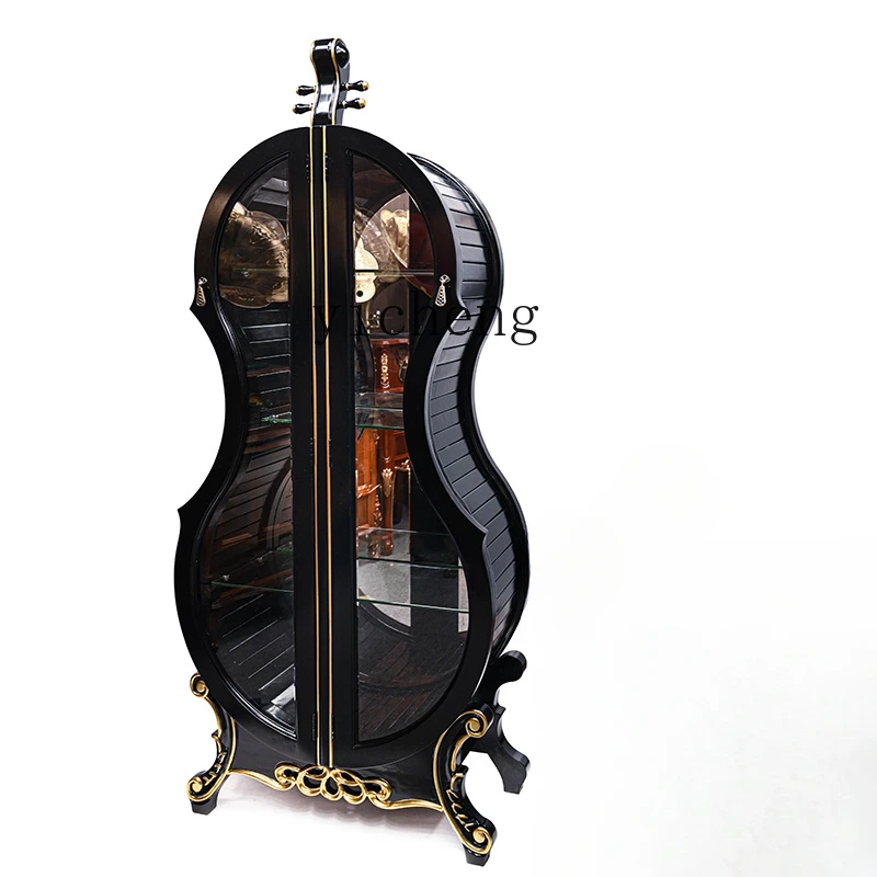 

Tqh Violin Wine Cabinet Solid Wood Carved Glass Double Door Living Room Display Cabinet