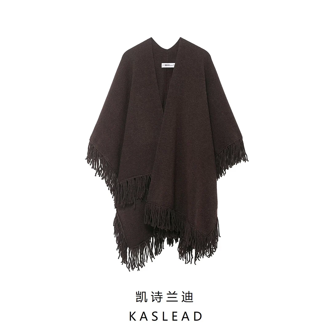 SuperAen أزياء بسيطة على الطراز الأوروبي والأمريكي على شكل حرف A محبوكة بشراشيب بلون سادة ورقبة على شكل حرف V معاطف أنيقة #2