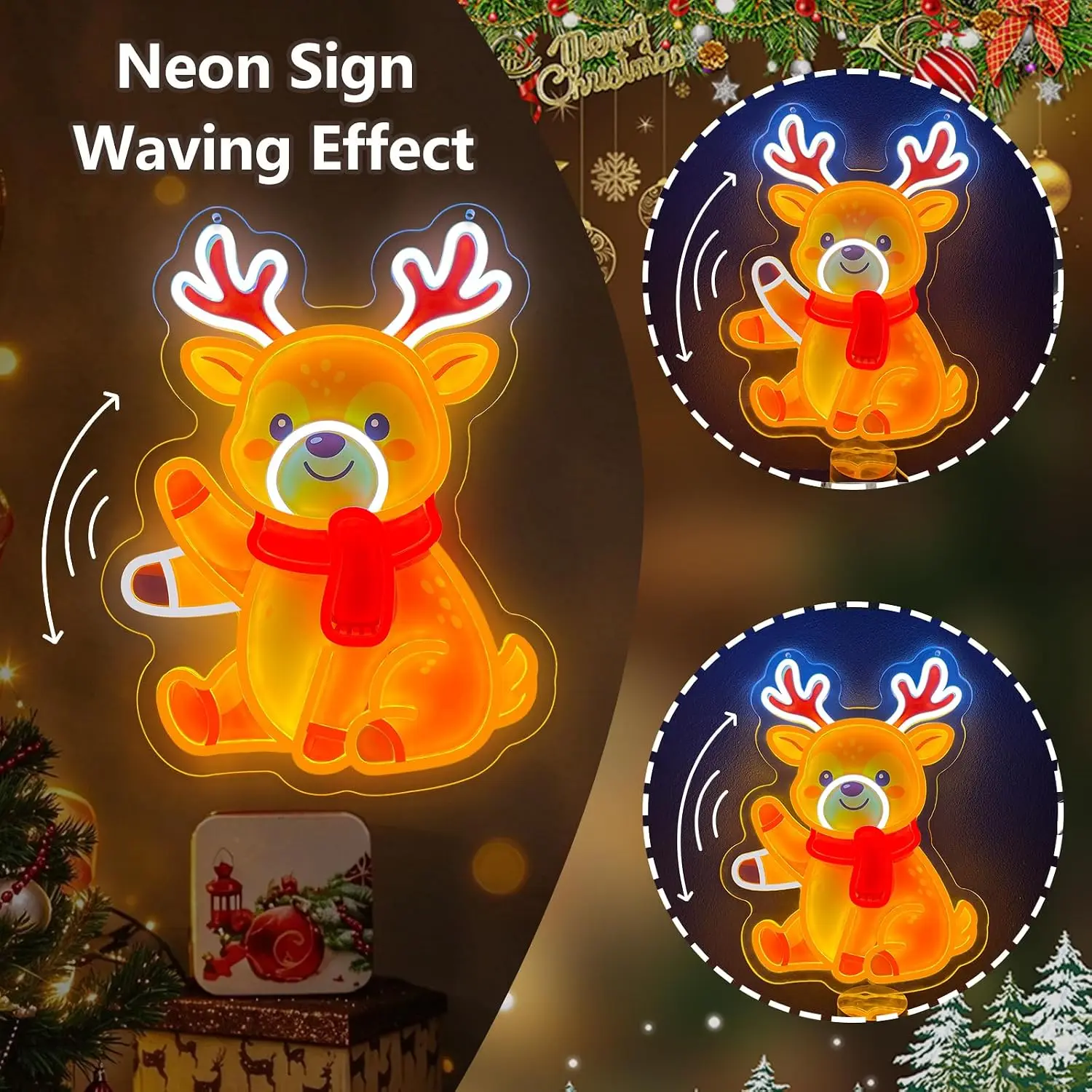 Waving Christmas Reindeer LED Neon Sign USB Neon Light Wall Lamp for Party Home Gaming Room Bedroom Window Decoration Gift