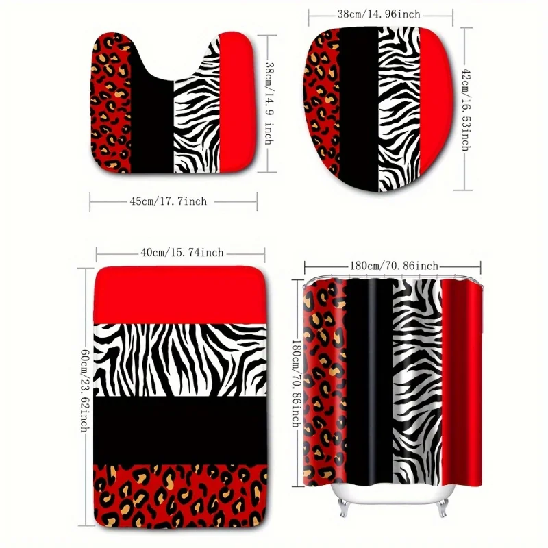 防水ポリエステルカーテン,12フック,野生動物,黒,赤,白,ヒョウと虎のパターン,シャワー,1個,4個