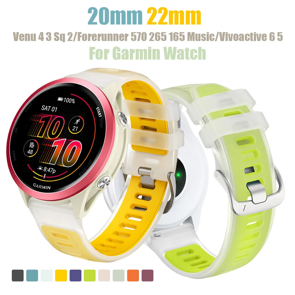 Silikonarmband für Garmin Forerunner 570 47 mm 42 mm/970/55 Halbtransparentes zweifarbiges Ersatzband für Vivoactive 6-5/Active 6