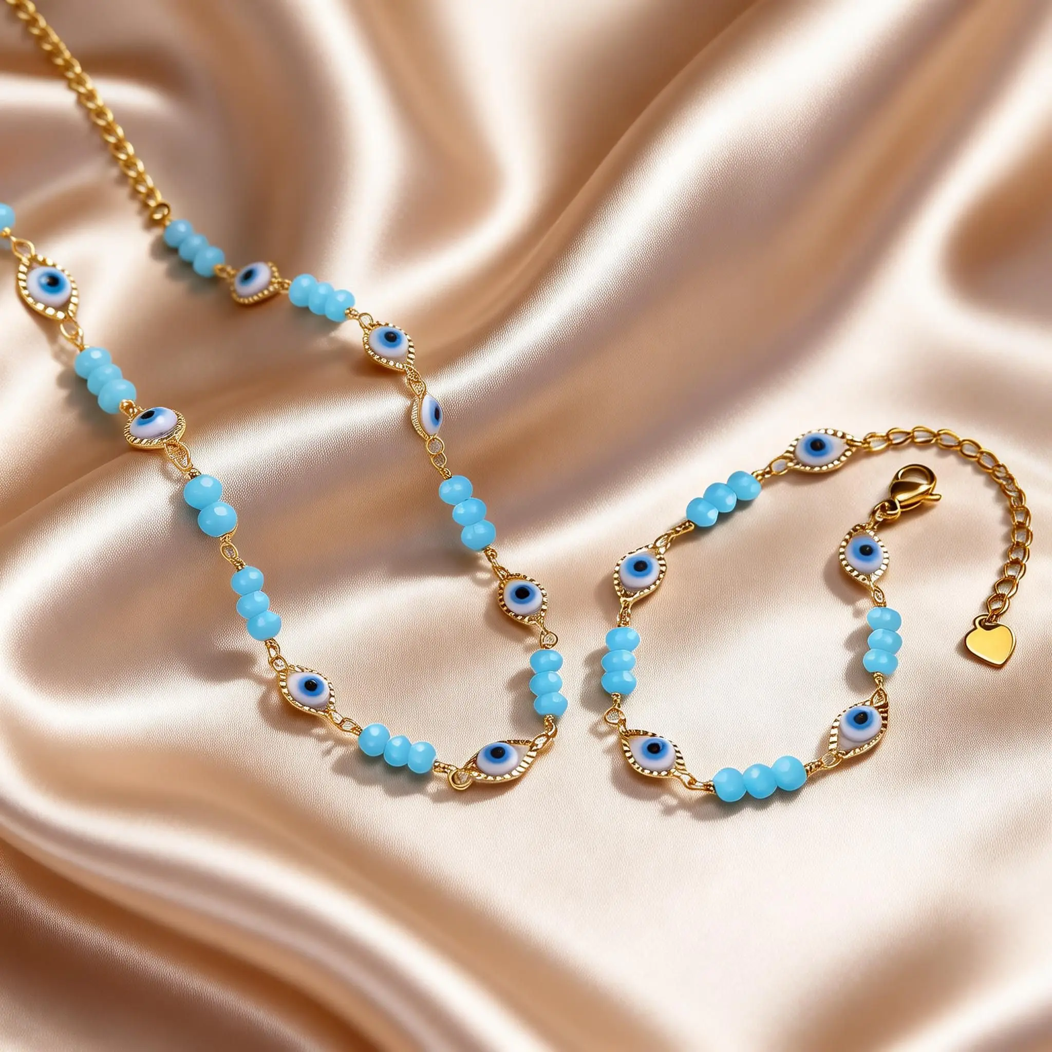 Blue Crystal Lucky Turkish Evil Eye Necklace Bracelets for Women Gold Plated Adjustable Metal Chain Fashion Jewelry Set Gifts