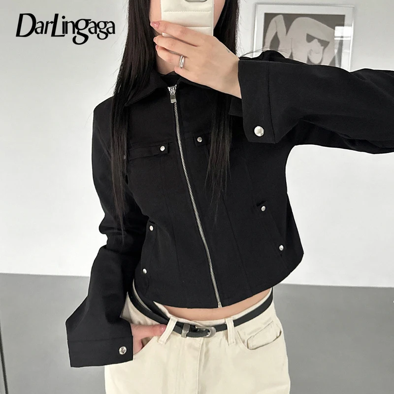 Darlingaga Harajuku Cargo Style Autumn Jacket for Women Streetwear Basic Zipper Up Coat Korean Style Buttons Gothic Outwear New