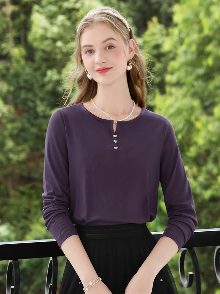 I BELIEVE YOU Purple V-Neck Slim Fit Long Sleeved T-shirt for Women Fall Clothes 2024 Women Solid Office Lady Tops 2241015475