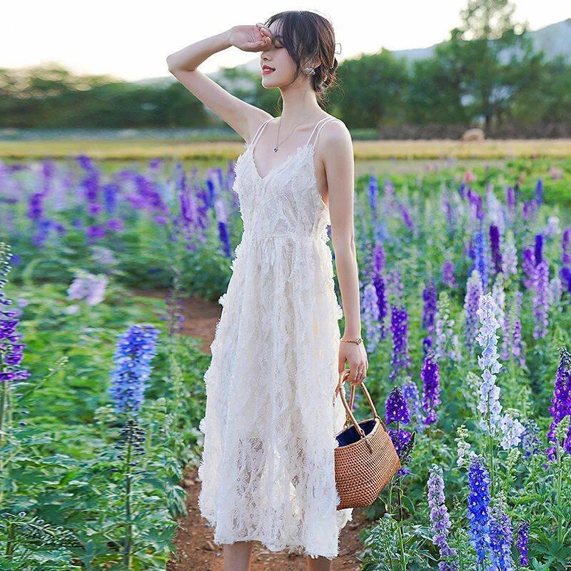 Women Dress Summer White A-Line High Waist Tassel Feather Spaghetti Strap Backless Midi Dress Beach Holiday Casual Dress Boho