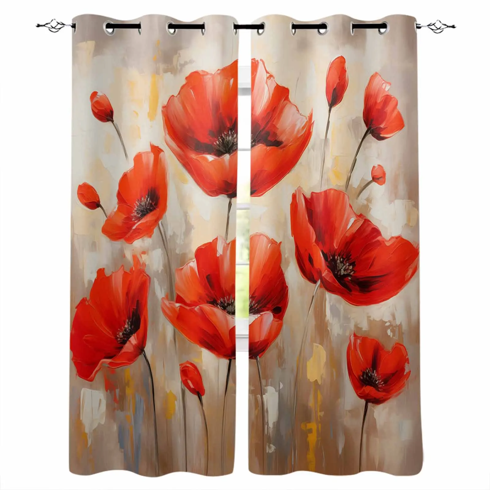 Spring Watercolor Poppy Flower Plant Window Curtains for Living Room Kitchen Curtain Bedroom Decorative Window Treatments