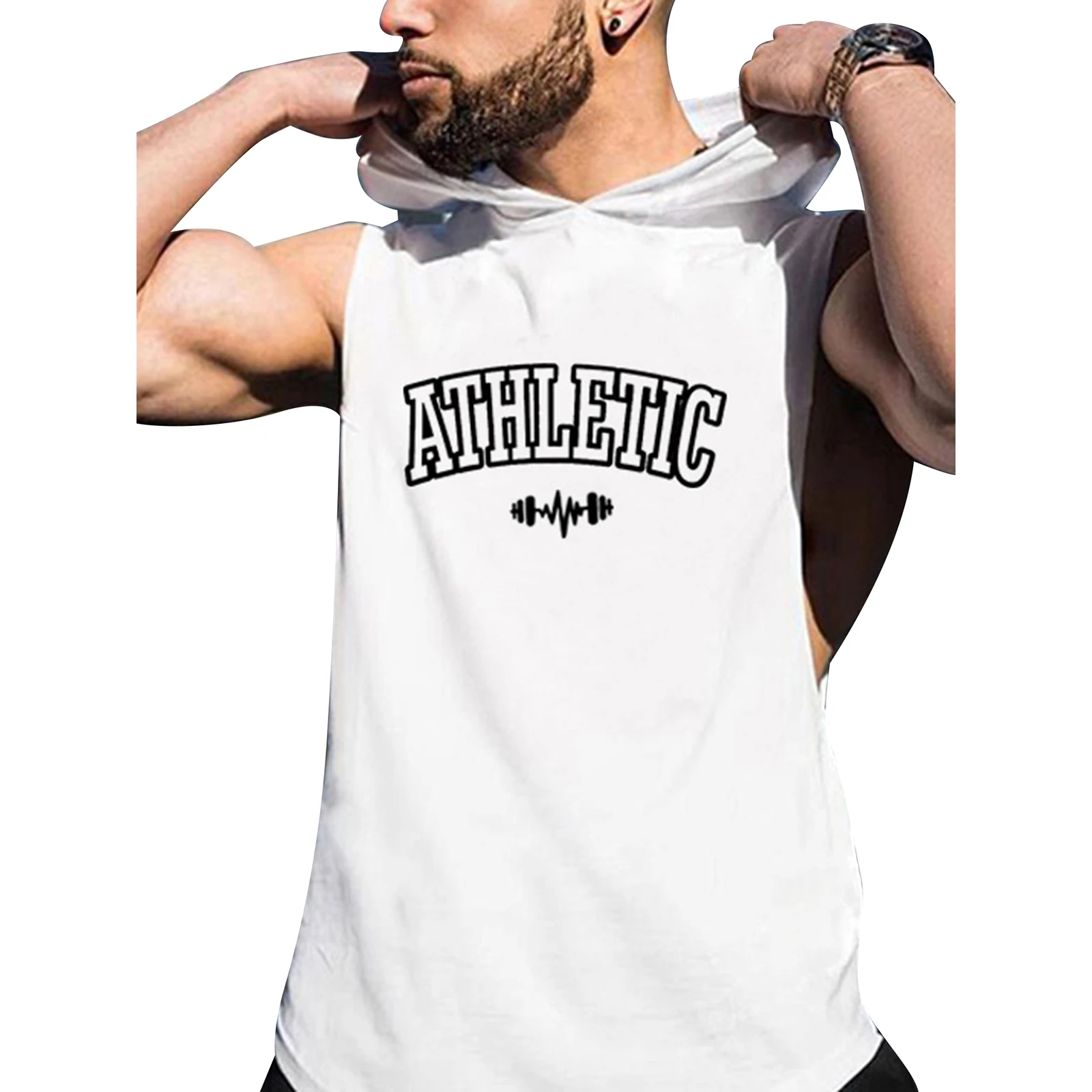 Men Letters Print Workout Top Sleeveless Hoodie Hooded Sweatshirt Sport Vest for Running Jogging Climbing Outdoor Activities
