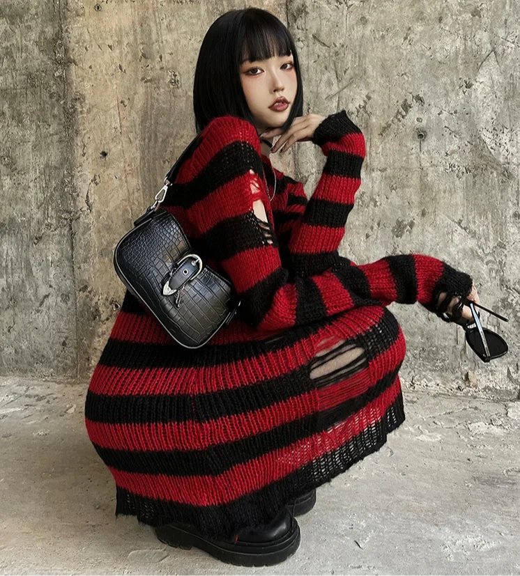 Hot Girl Streetwear Fashion Red Black Striped Sweaters Women Punk Subculture Hole Belt Knitted Pullover Autumn Gothic Sweater