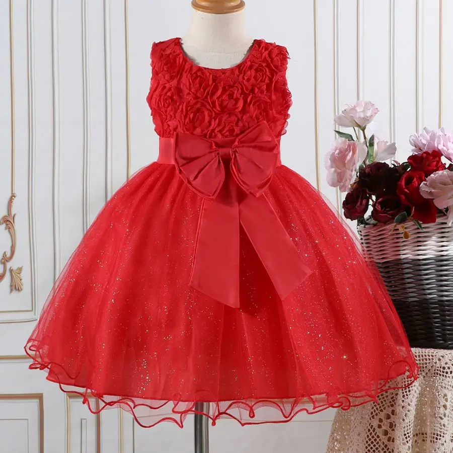 Rotes Mädchen Prinzessin Kleid Weihnachtskostüm Neujahr Geschenke Mädchen Partykleider Mesh Schleife Hochzeitskleid Elegante Kinderkleidung
