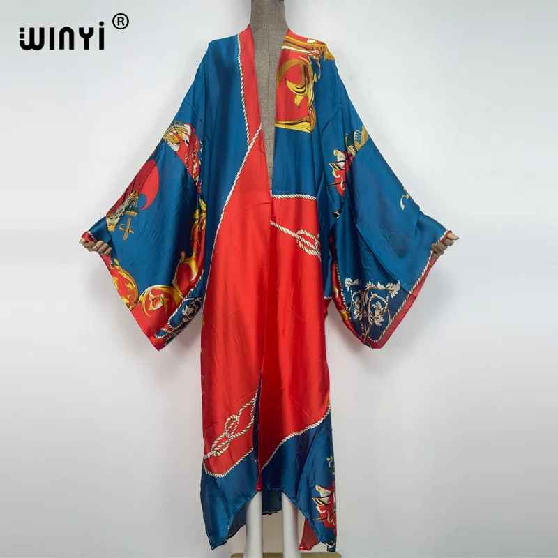 2022 winyi festa de férias colorido moda senhora quimono boêmio sexy longo cardigan feminino manga longa praia cover-up kaftan vestido