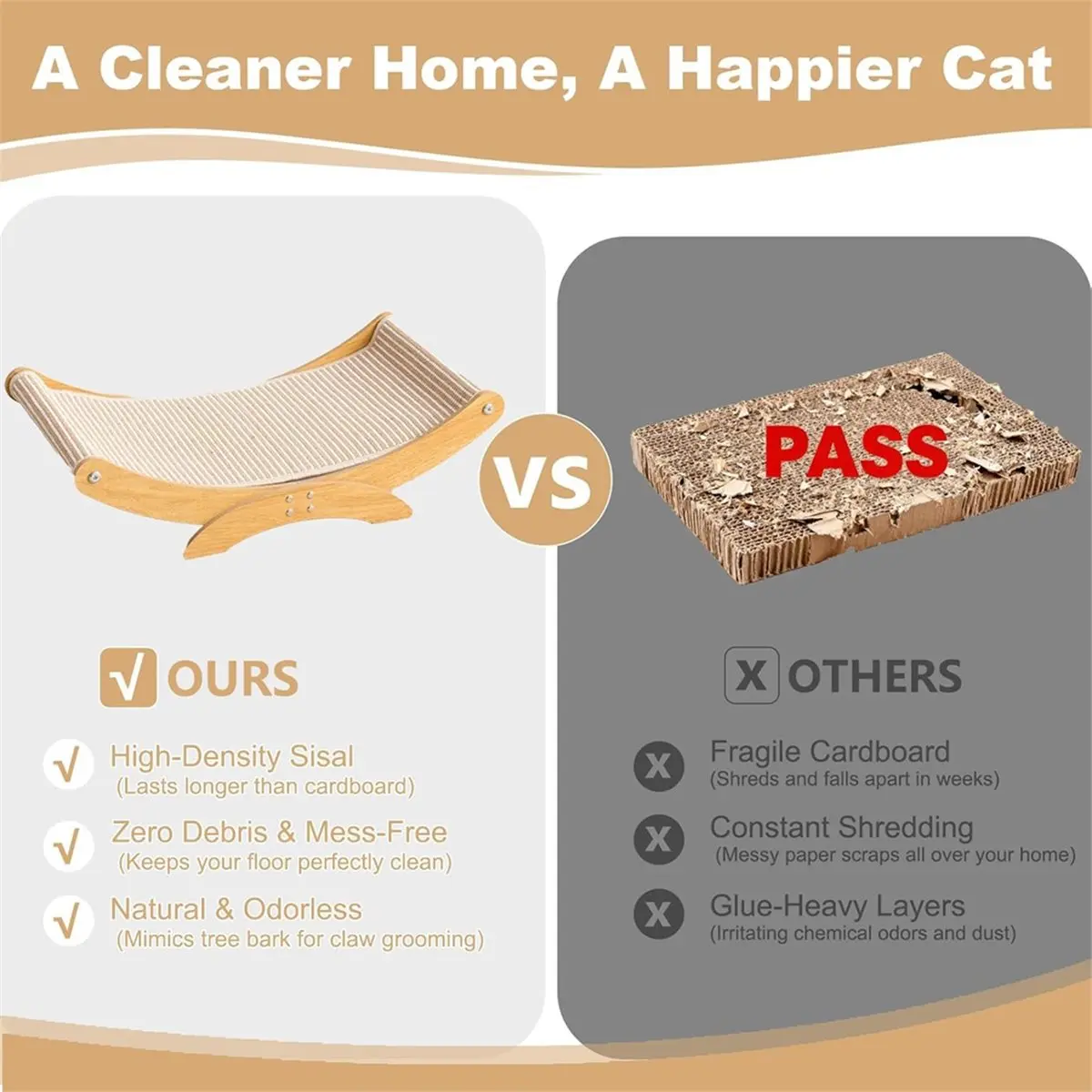 Time Saving Large Cat Scratcher Bed, Wood Cat Couch & Scratching Board, Sturdy Cat Hammock & Scratch Pad Lounge for Indoor Cats