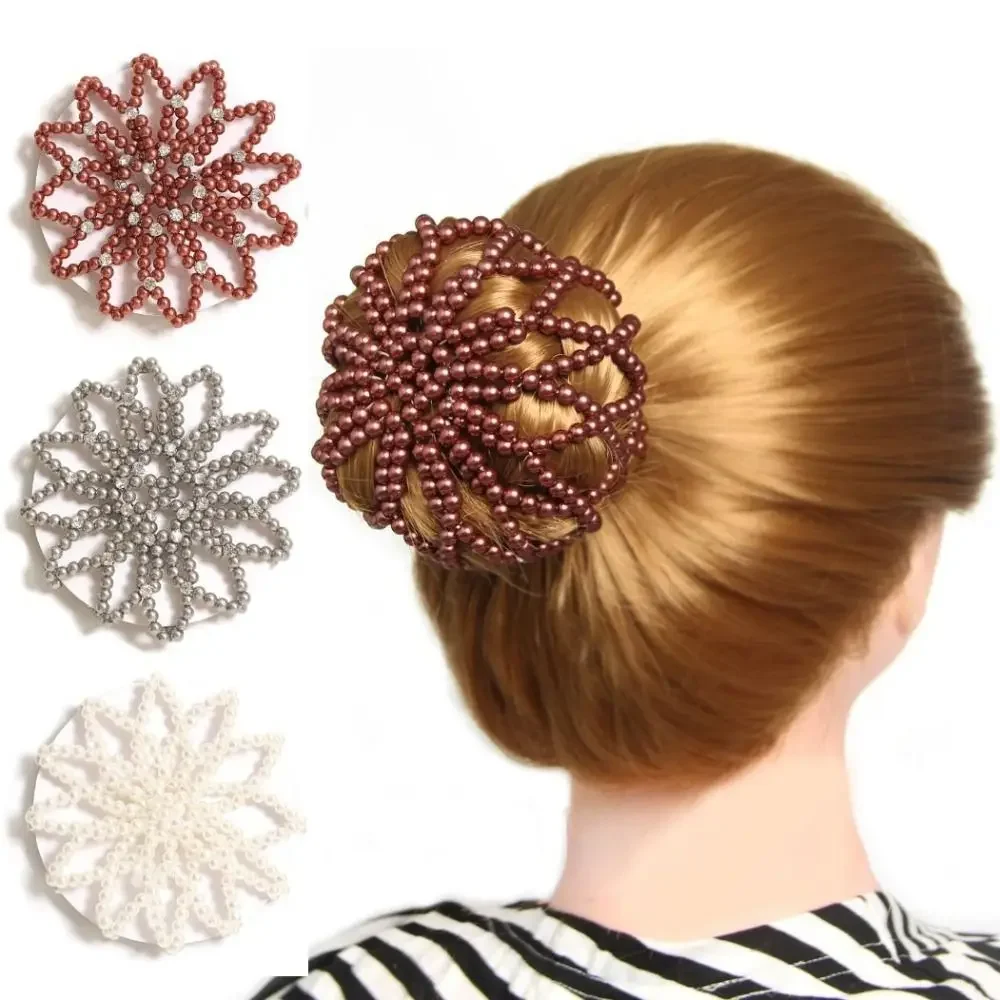 Elegant Pearl Crochet Bun Net Elastic Korean Style Fake Pearl Hair Nets Comfortable Rhinestone Decoration Ballet Dancing Snood