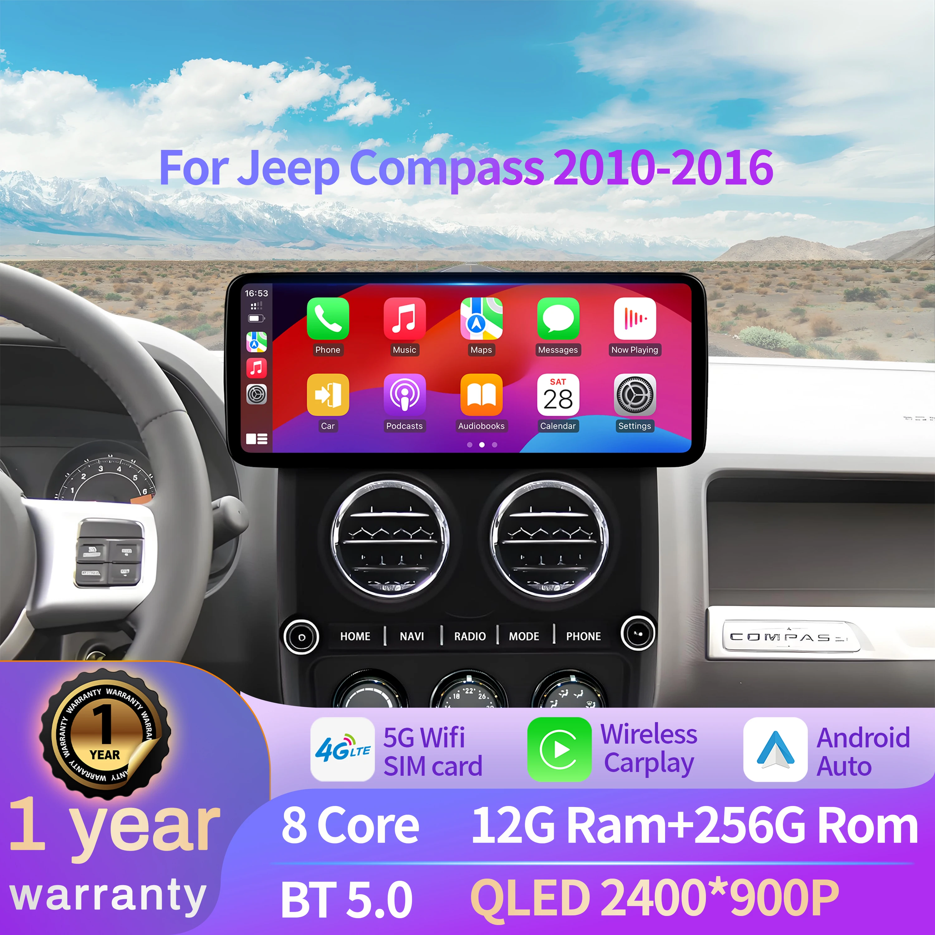 12.3 بوصة راديو السيارة أندرويد 14 ل جيب كومباس 2010-2016 سماعة لاسلكية تعمل بالبلوتوث Carplay الوسائط المتعددة الملاحة رئيس وحدة الشاشة
