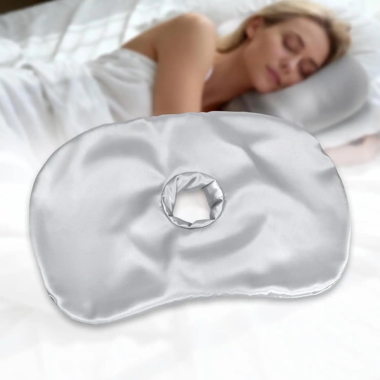 Removable Satin Ear Piercing Pillowcase with Hole, Ear Pain Pressure Relief for Side Sleepers, Soft Light Gray Washable Cover