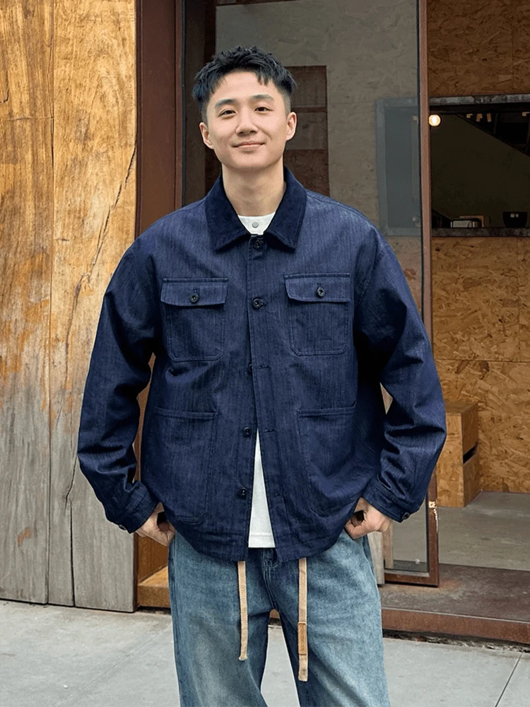 

Trendy Denim Blue Patchwork Contrast Color Men's Jaet Long Sve Collar Workwear Sle Spring Faion Retro irt Jaet