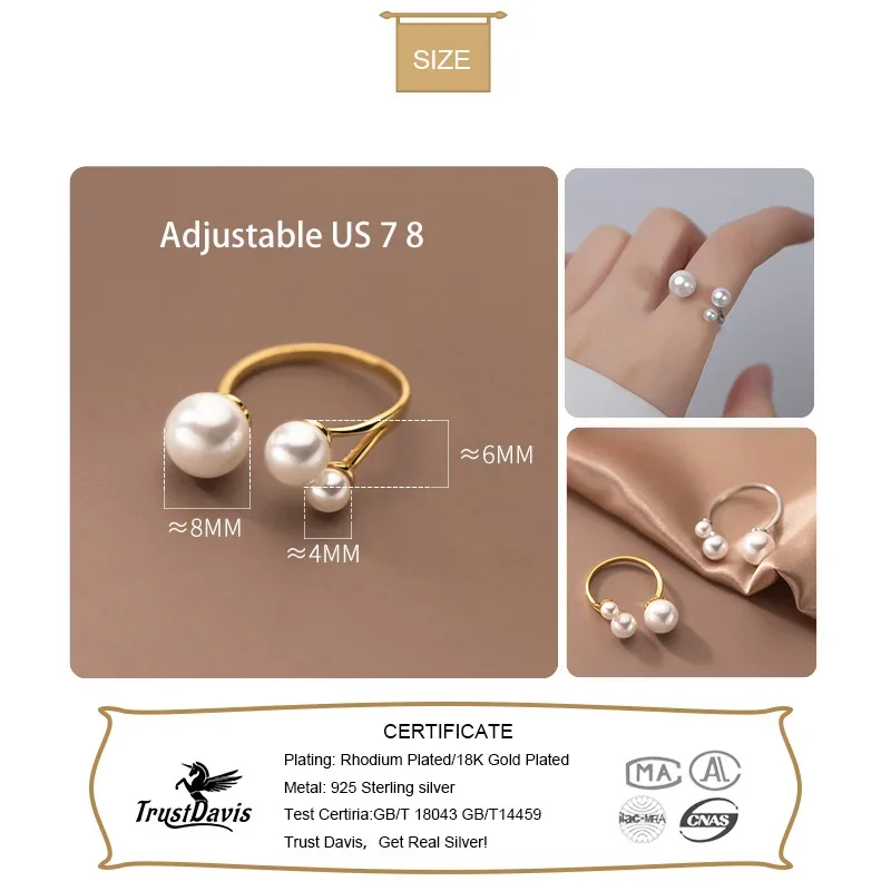 TrustDavis Real 925 Sterling Silver Luxury Synthesis Pearl Opening Ring For Women Wedding Valentine's Day Fine Jewelry DA2791