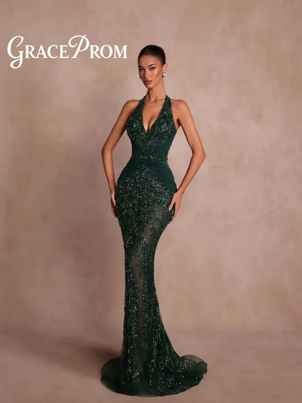 GraceProm Haute Couture Emerald Gown 2026 Halter Neck Sequin Floor Length Formal Dress  Stunning High Slit Gown فساتين سهرة