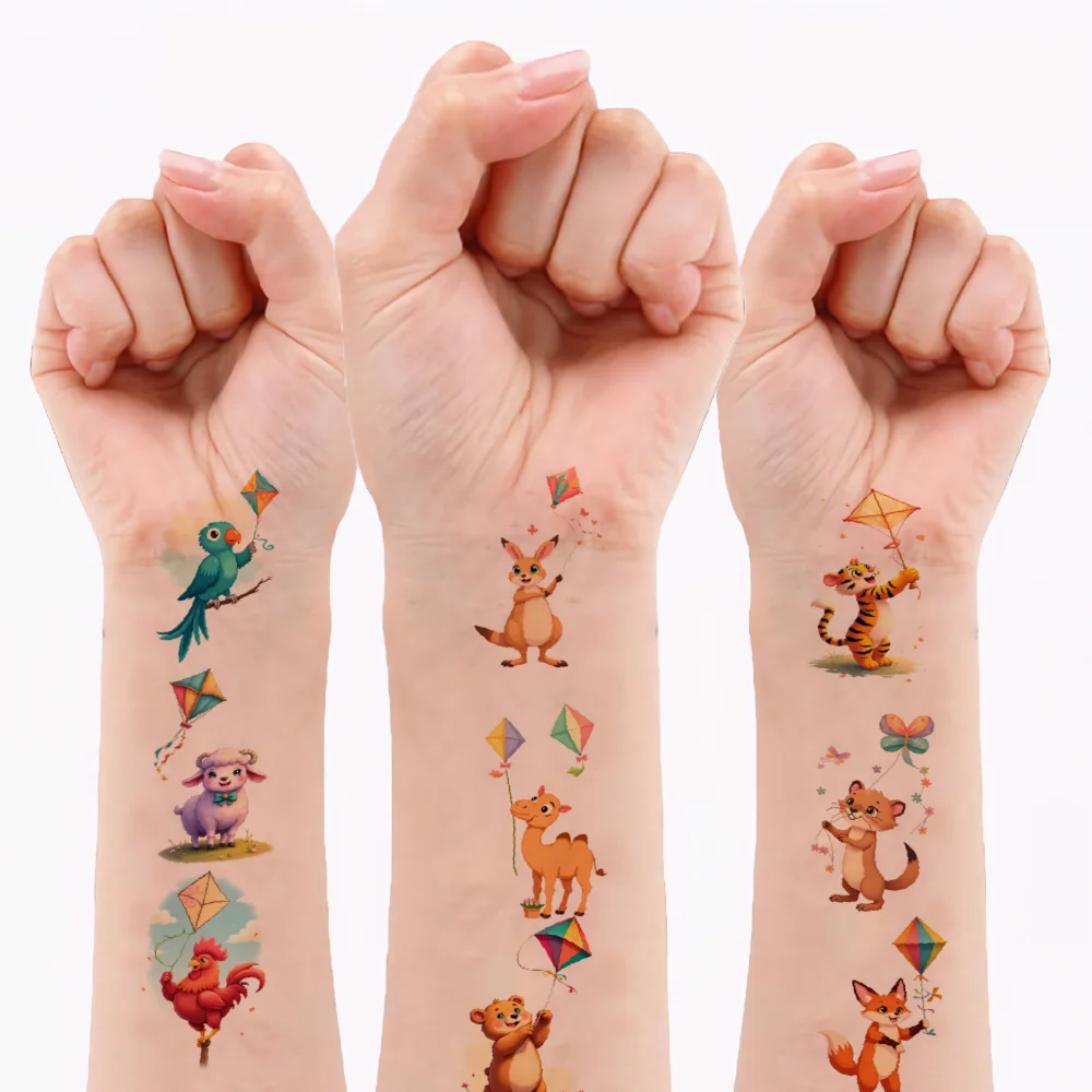 54pcs Temporary Tattoo Animal Kites Cartoon Cute Kites Waterproof Long-lasting Body Stickers For Girls Cheeks Children
