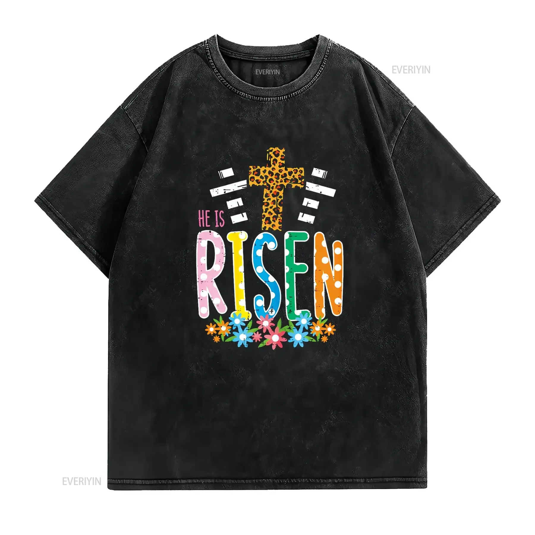 He Is Risen Leopard Cross Easter Jesus Religious Women T Shirt vintage Washed Comfortable Versatile Unisex Breathable Stylish