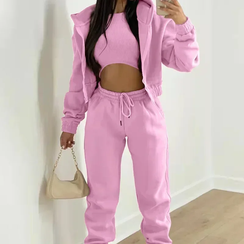 Women Suit Autumn Fashion Solid Color Simple Hooded Long-sleeved Zipper Sweater Sports Casual Pants Three-piece Suit In Waist