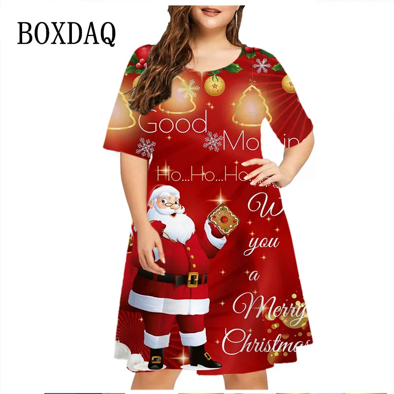 Red Christmas Party Dress Elegant Sweet Women Street Santa Claus Letter Print Short Sleeve Dress Loose Oversized Summer Clothes