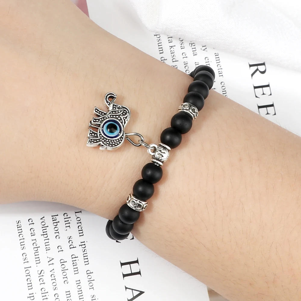 6 8mm Natural Matte Stone Bracelet Woman Man Fashion Evil Eye Fatima Hand Pendant Bracelet Elastic Rope Yoga Energy Jewelry Gift