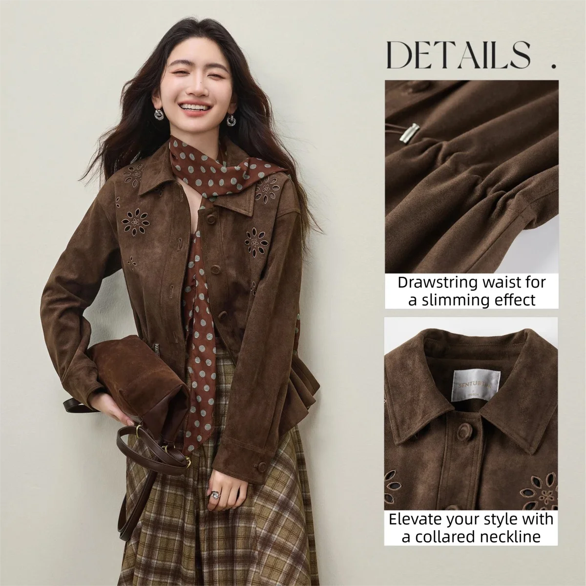 Kurtka ze sztucznej skóry SENTUBILA dla kobiet, wiosna 2026, ażurowe haftowane zdobienia, kołnierz z klapami, retro płaszcz biurowy dla kobiet, model 161WB4866