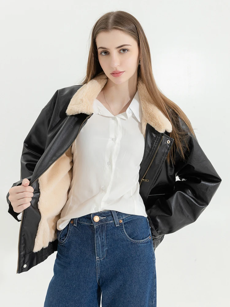 Winter Women\'s Fur Leather Jacket Long Sleeved Loose Warm Lamb Wool Vintage Thickened Locomotive Lapel Female PU Motorcycle Coat