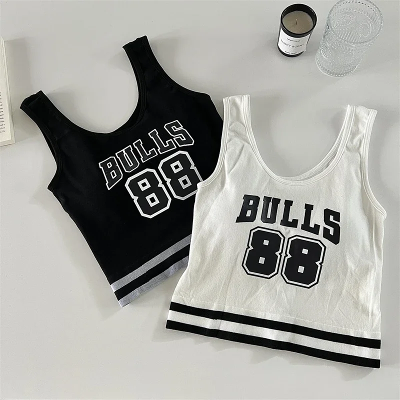 Women Letter Printed Crop Top With Pad Sleeveless Sexy Camisole Solid Basic Tube Top Female Casual Slim Summer Tank Tops