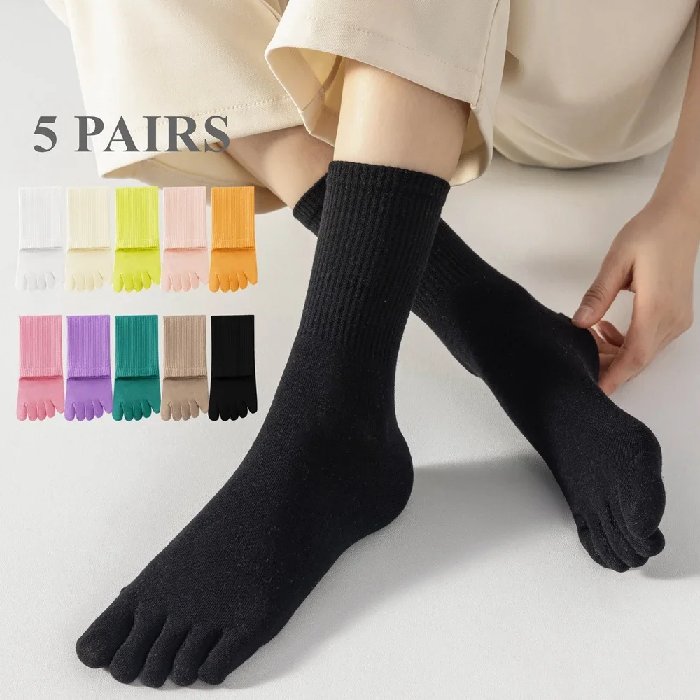 5 Pairs Women Cute Cotton Socks with Separate Fingers Middle Tube Toe Socks Four Season Sports Five Finger Athletic Socks