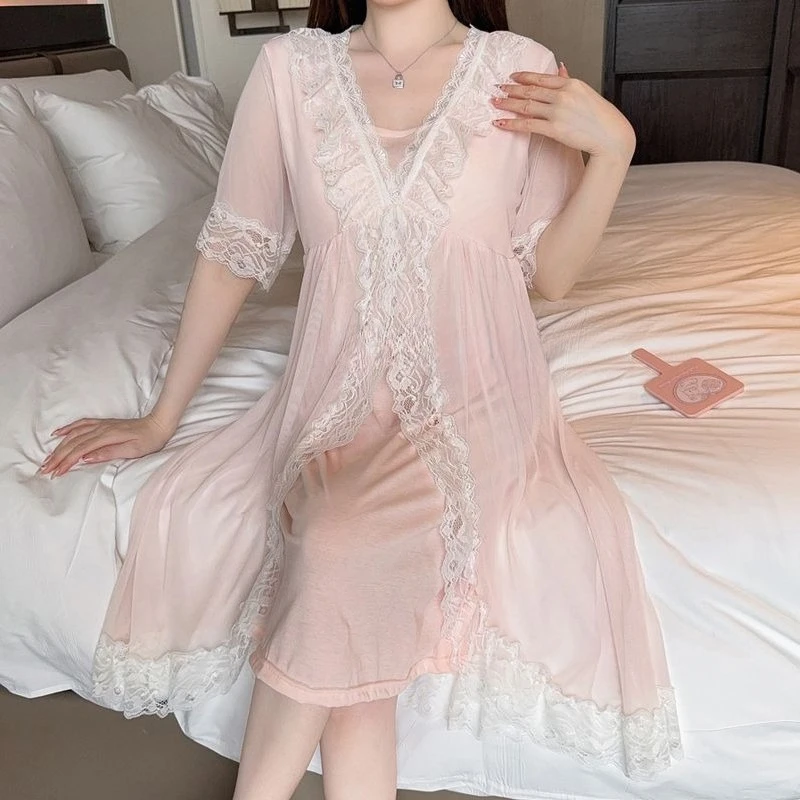 

Court Style Lace Mesh Nightdress Women's Summer Thin Pure Desire V-neck Short-sleeved Pajamas Skirt Sweet Fairy Loungewear 2025