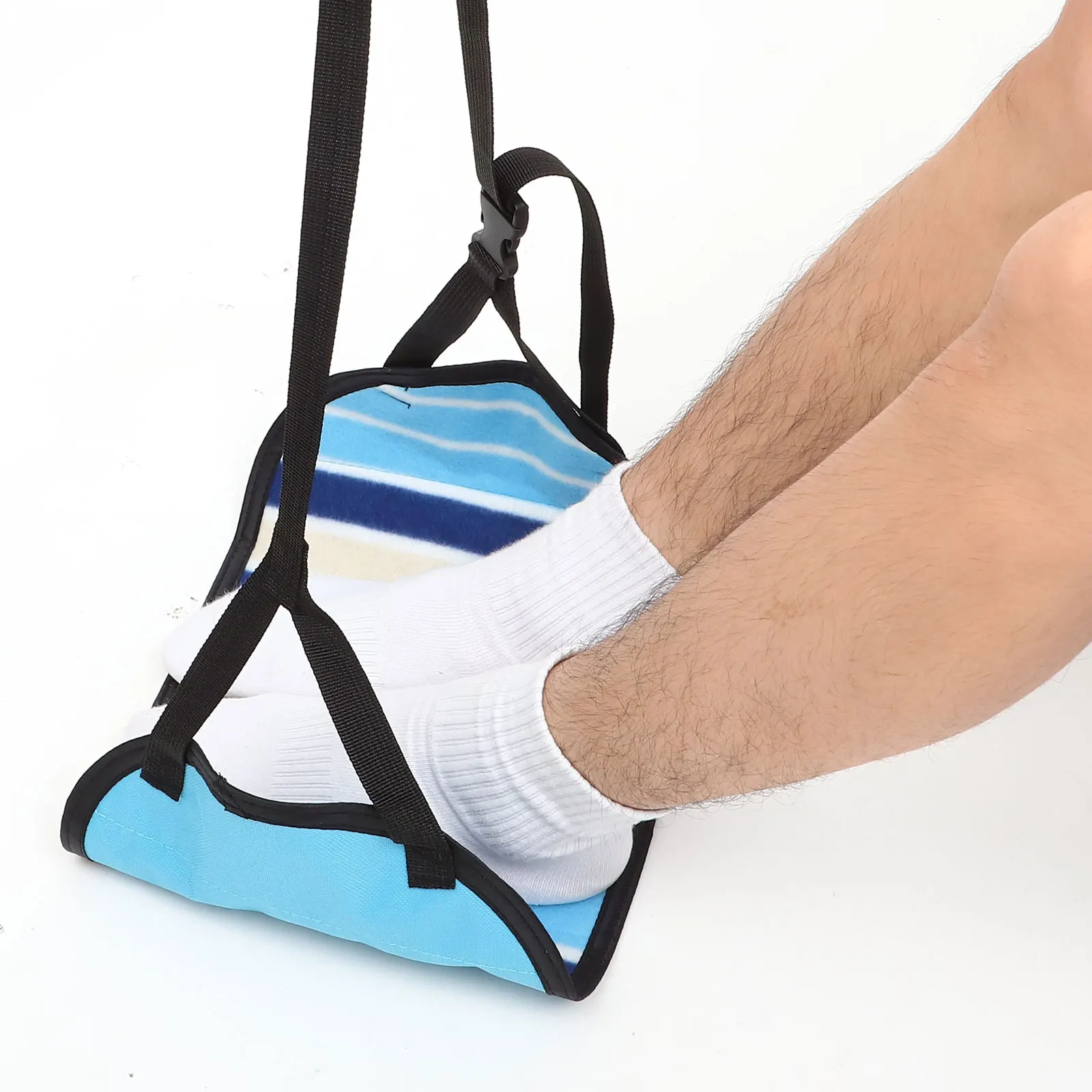 

Portable Foot Hammock 48x24cm Blue Striped Adjustable Travel Plane Office Rest Relieves Fatigue Multipurpose Hanging Comfort