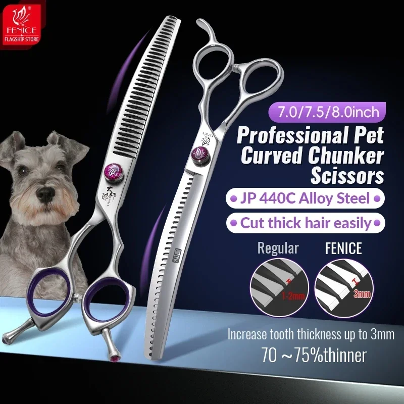 Fenice Dog Beauty Scissors 7.0/7.5/8 inch Professional Dog Grooming Scissors Straight/Curved Chunker Shears Shark Teeth JP440C